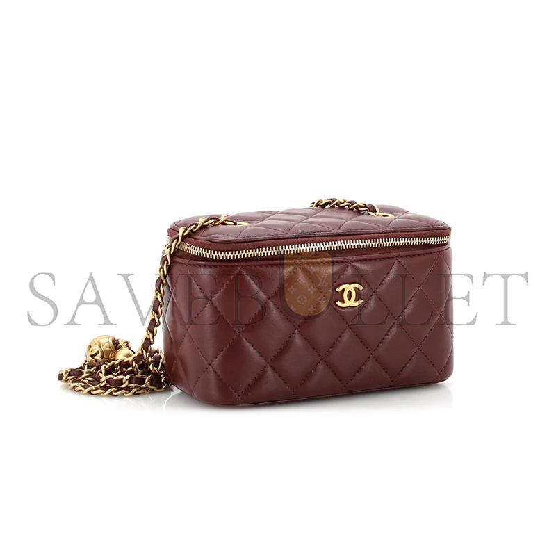 CHANEL PEARL CRUSH VANITY WITH CHAIN QUILTED LAMBSKIN BURGUNDY AP2303 (17*9.5*8cm)